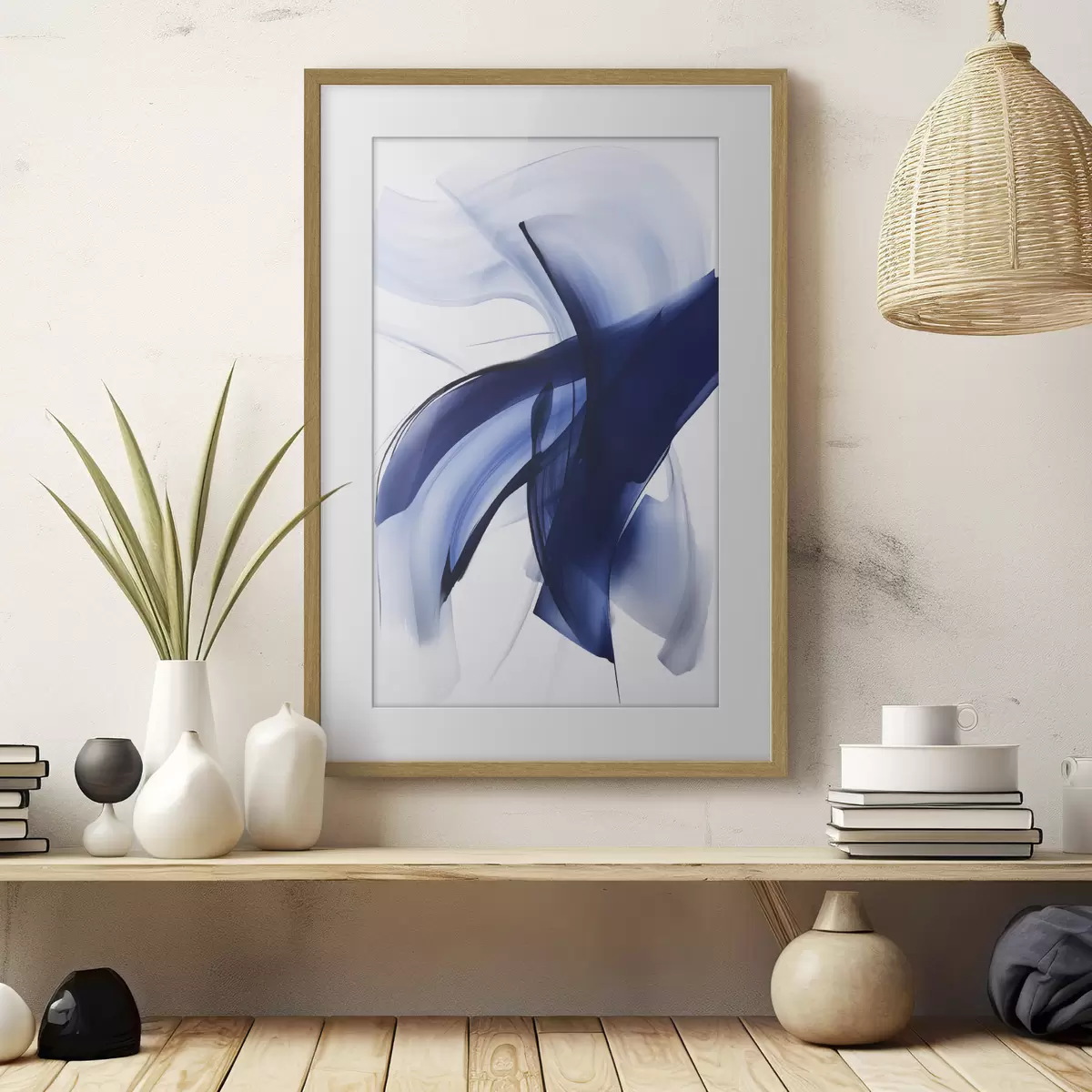 Poster Formes abstraites bleues ressemblant à des coups de pinceau, avec des lignes et des courbes fluides sur fond blanc, art moderne. f47429