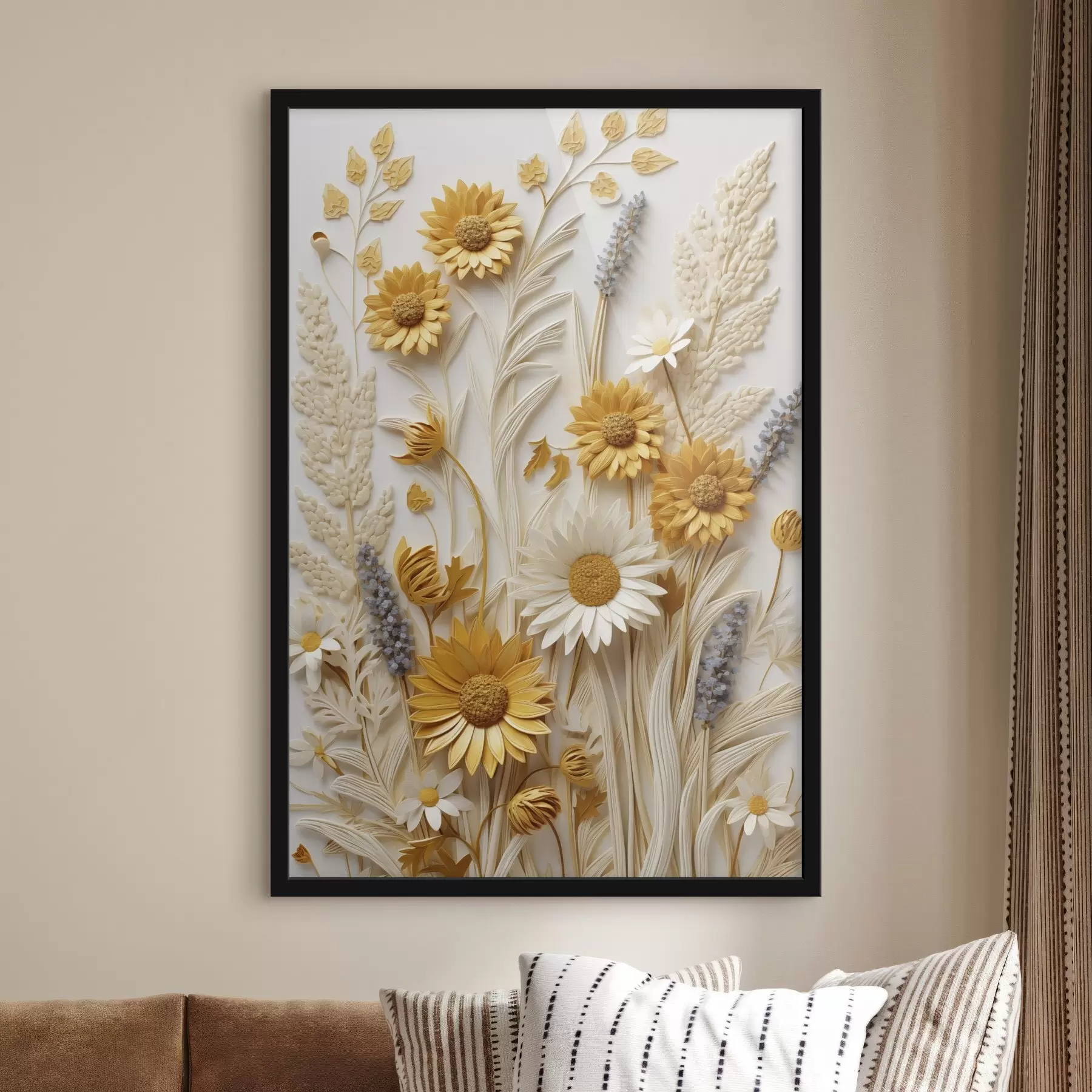 Papier peint Une collection texturée de marguerites jaunes et blanches avec des herbes séchées et des brins de lavande sur fond blanc. f47430