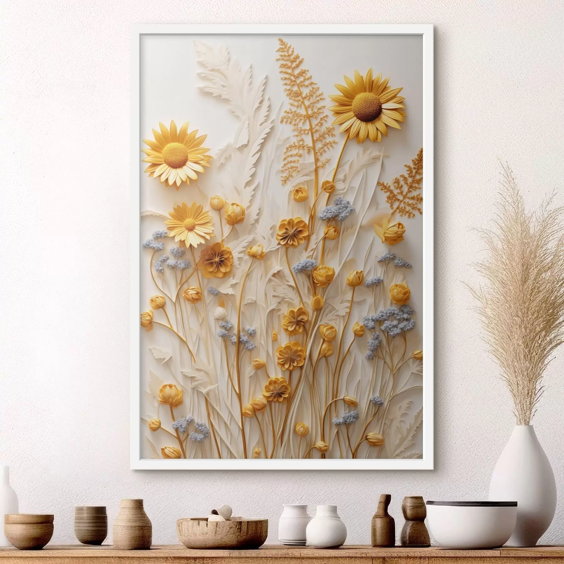 Papier peint Une collection texturée de marguerites jaunes et blanches avec des herbes séchées et des brins de lavande sur fond blanc. f47431
