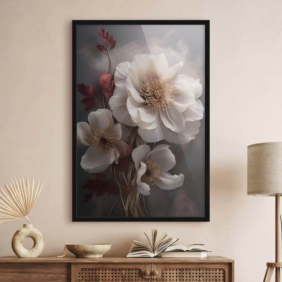 Papier peint Pivoines délicates aux pétales fins et vaporeux, entourées de feuilles rouge foncé sur fond abstrait. f47434