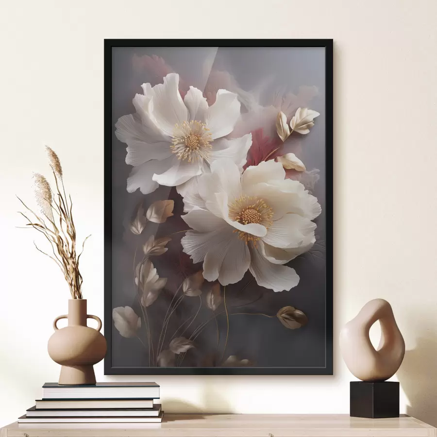 Papier peint Pivoines délicates aux pétales fins et vaporeux, entourées de feuilles rouge foncé et jaunes sur fond abstrait. f47435