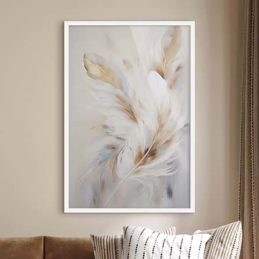 Papier peint Grandes plumes douces aux teintes blanches, jaunes et brunes, sur un fond clair et abstrait. f47442