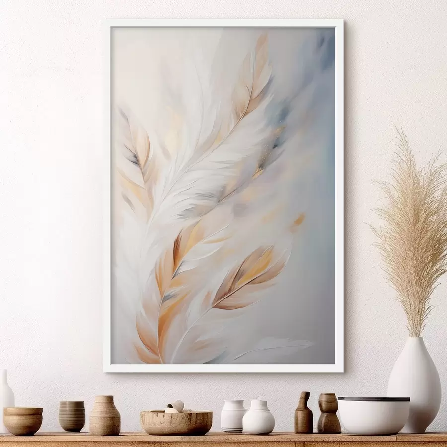 Papier peint Grandes plumes douces aux teintes blanches, jaunes et brunes, sur un fond clair et abstrait. f47443