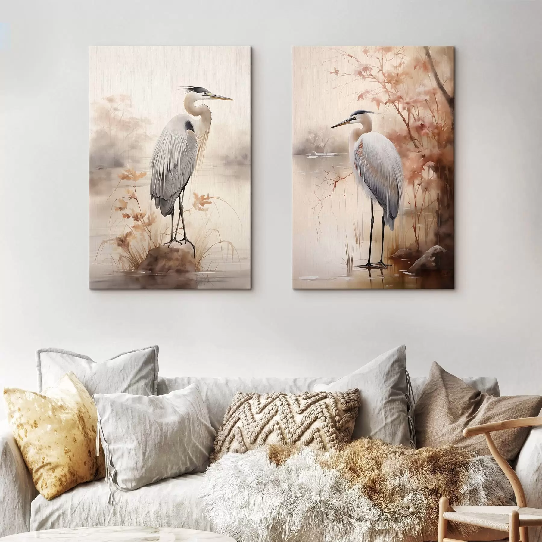 Tableau Un héron se tient sur un rocher dans un lac, avec de hautes herbes et des arbres en arrière-plan. m01239