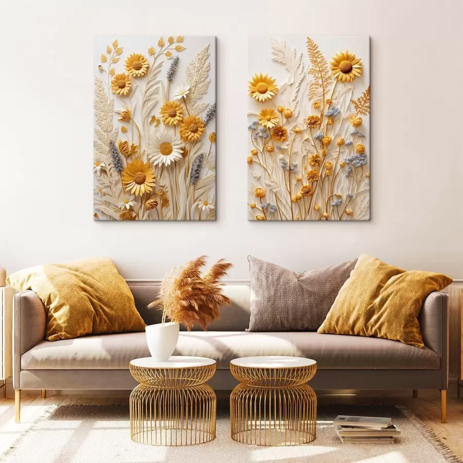 Tableau Une collection texturée de marguerites jaunes et blanches avec des herbes séchées et des brins de lavande sur fond blanc. m01241