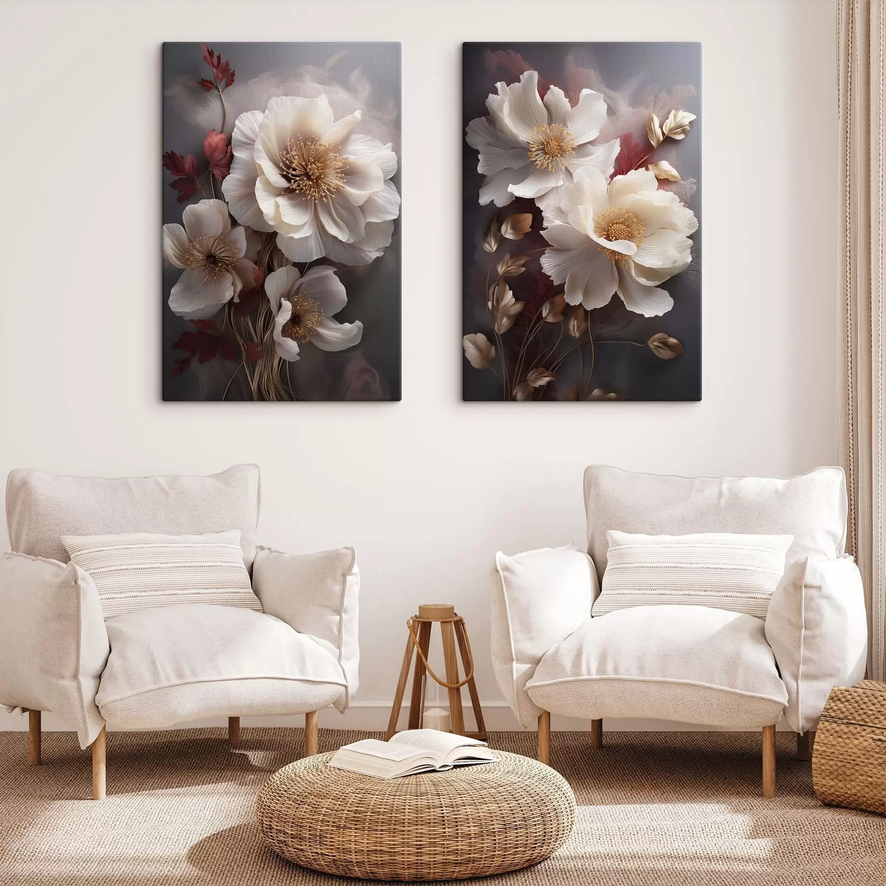 Tableau Pivoines délicates aux pétales fins et vaporeux, entourées de feuilles rouge foncé et jaunes sur fond abstrait. m01243
