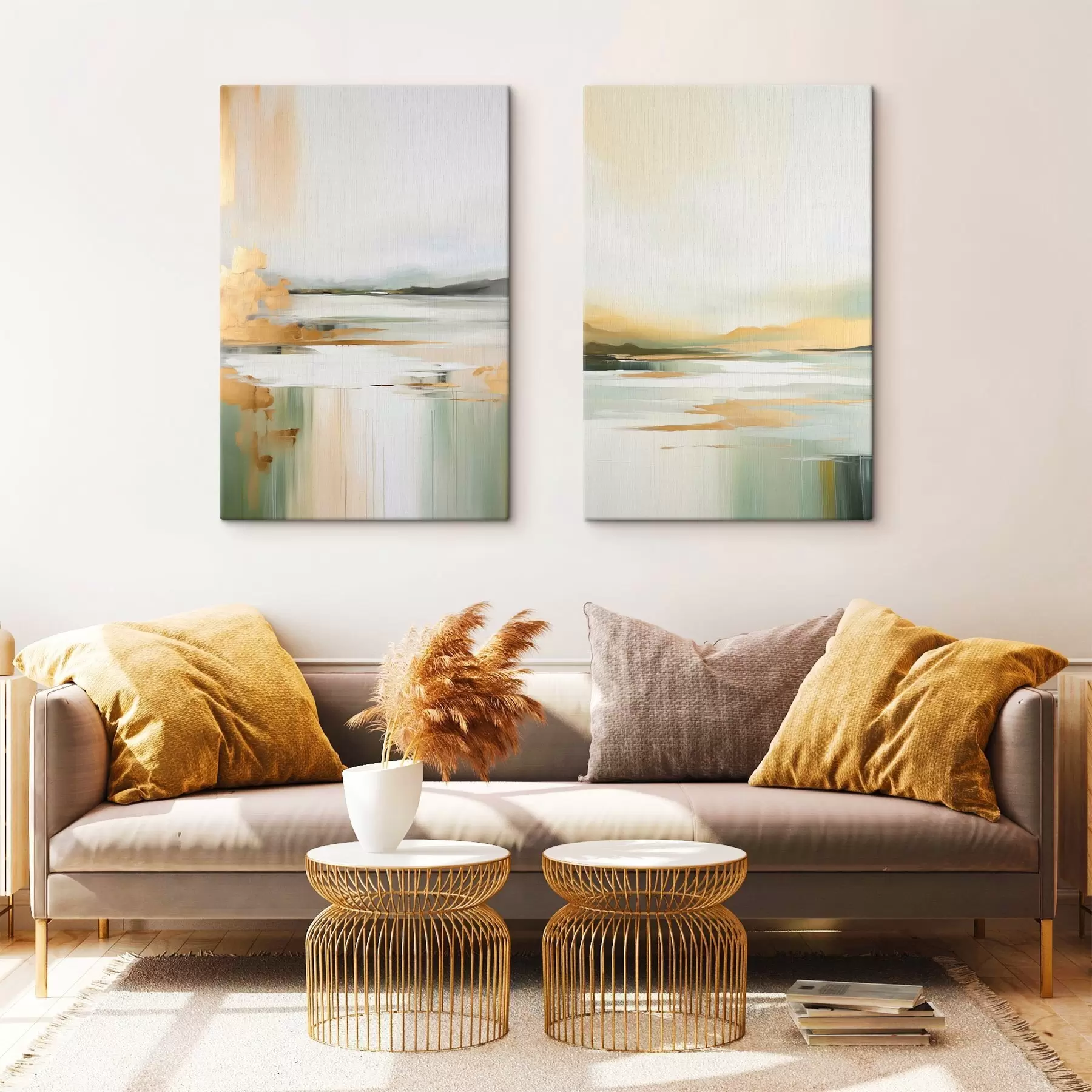 Tableau Paysage abstrait aux tons jaunes et verts, eau reflétant le ciel et les montagnes lointaines, ciel pâle et brumeux m01245