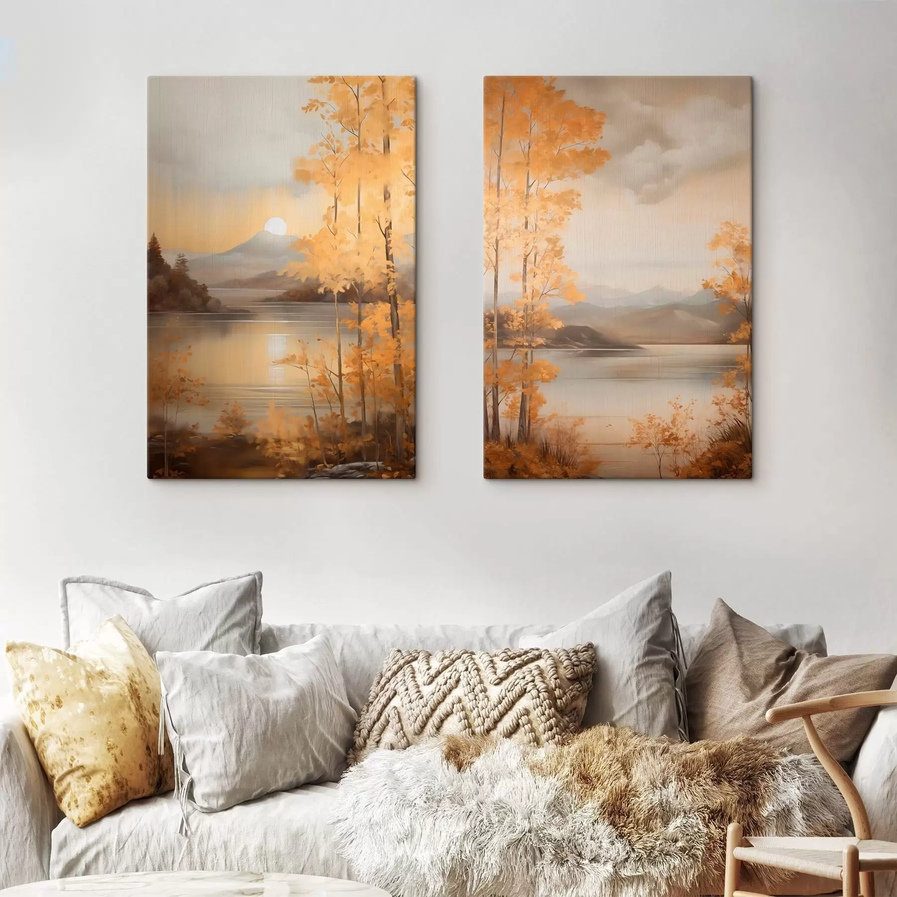 Tableau Des arbres aux feuilles orange, caractéristiques de l'automne, encadrent un lac paisible avec des montagnes lointaines sous un ciel nuageux. m01246