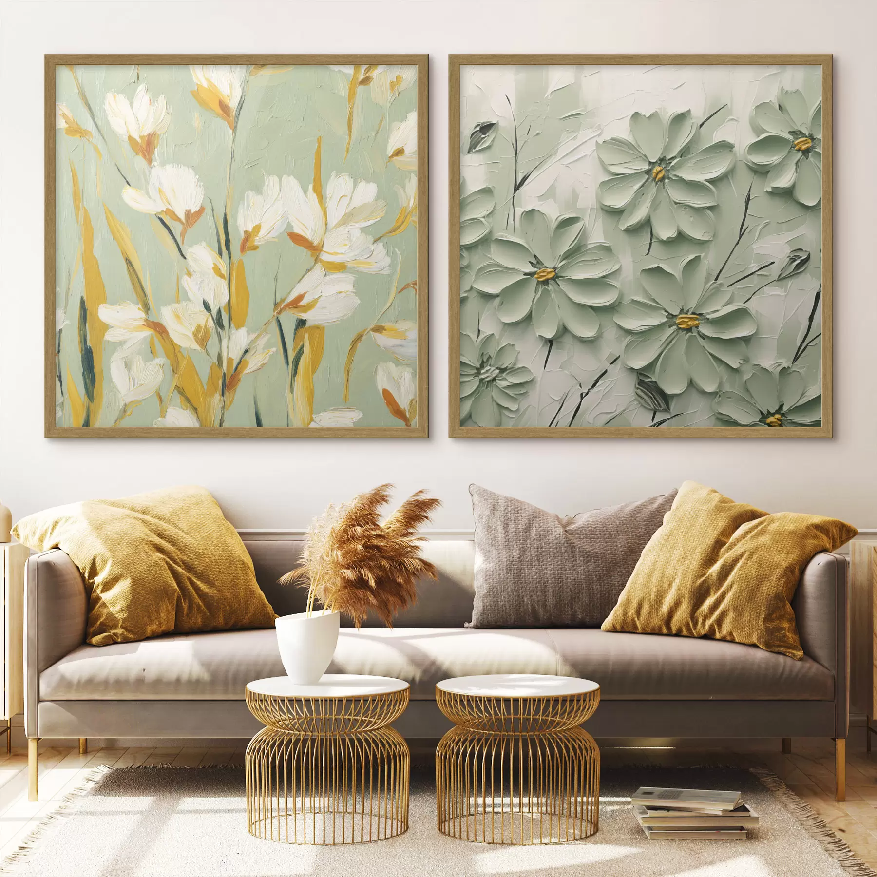 Papier peint Prairie fleurie : composition artistique avec des fleurs volumétriques sur un fond pastel d00567