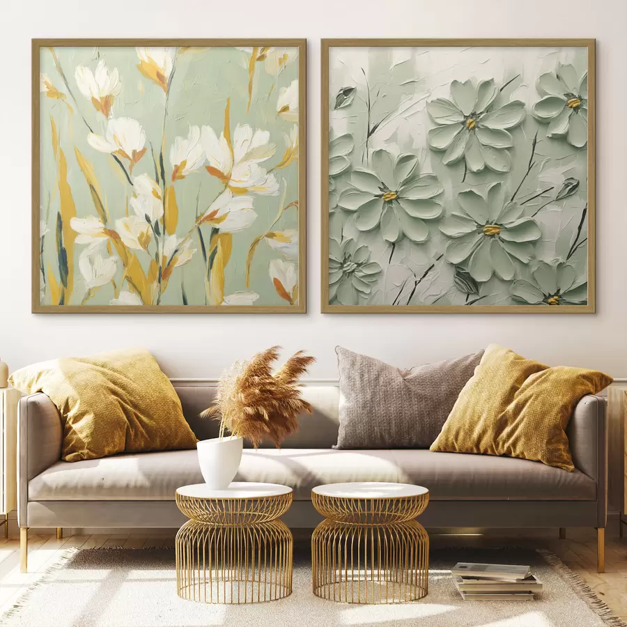 Papier peint Prairie fleurie : composition artistique avec des fleurs volumétriques sur un fond pastel d00567