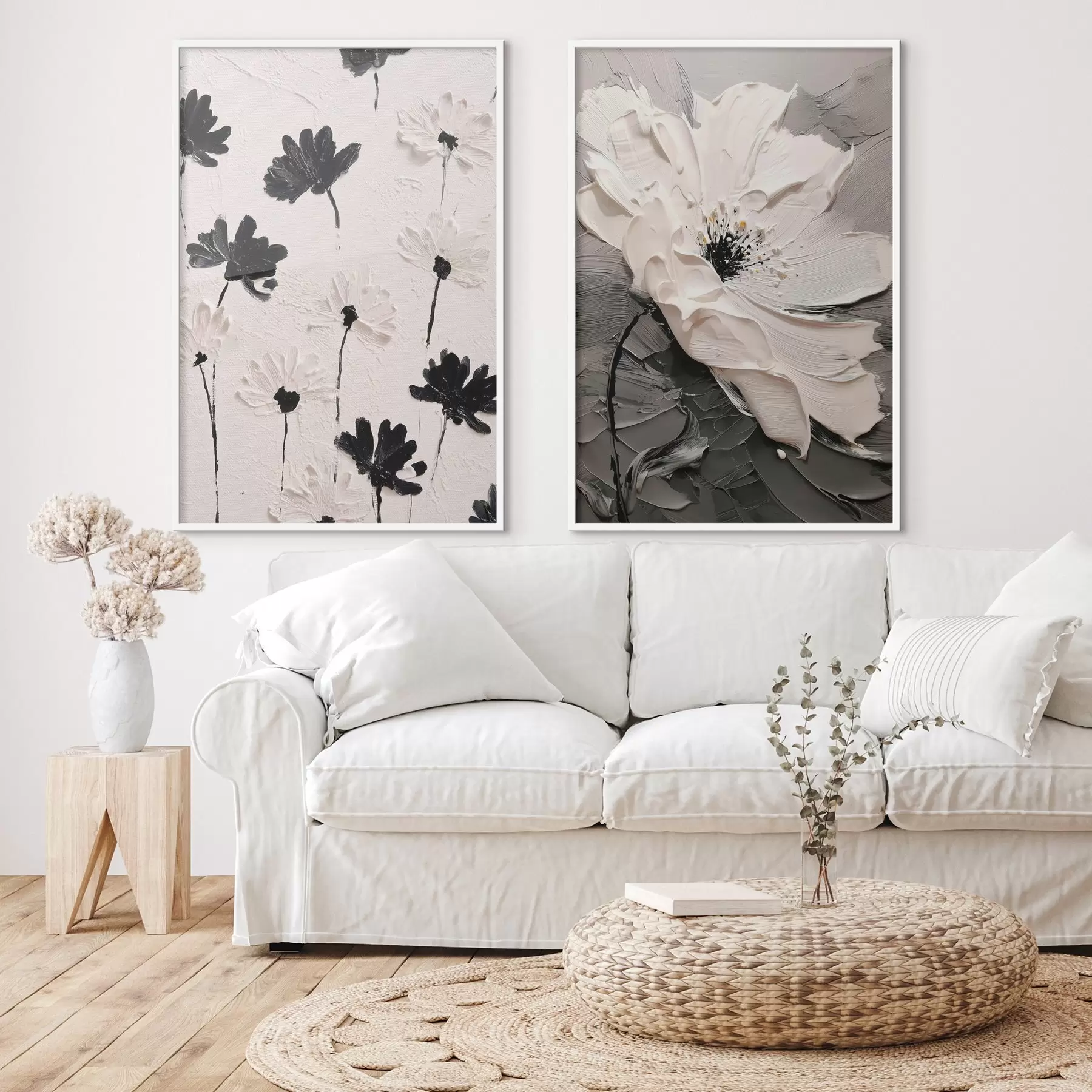Papier peint Diptyque de fleurs blanches et noires dans un style moderne d00571