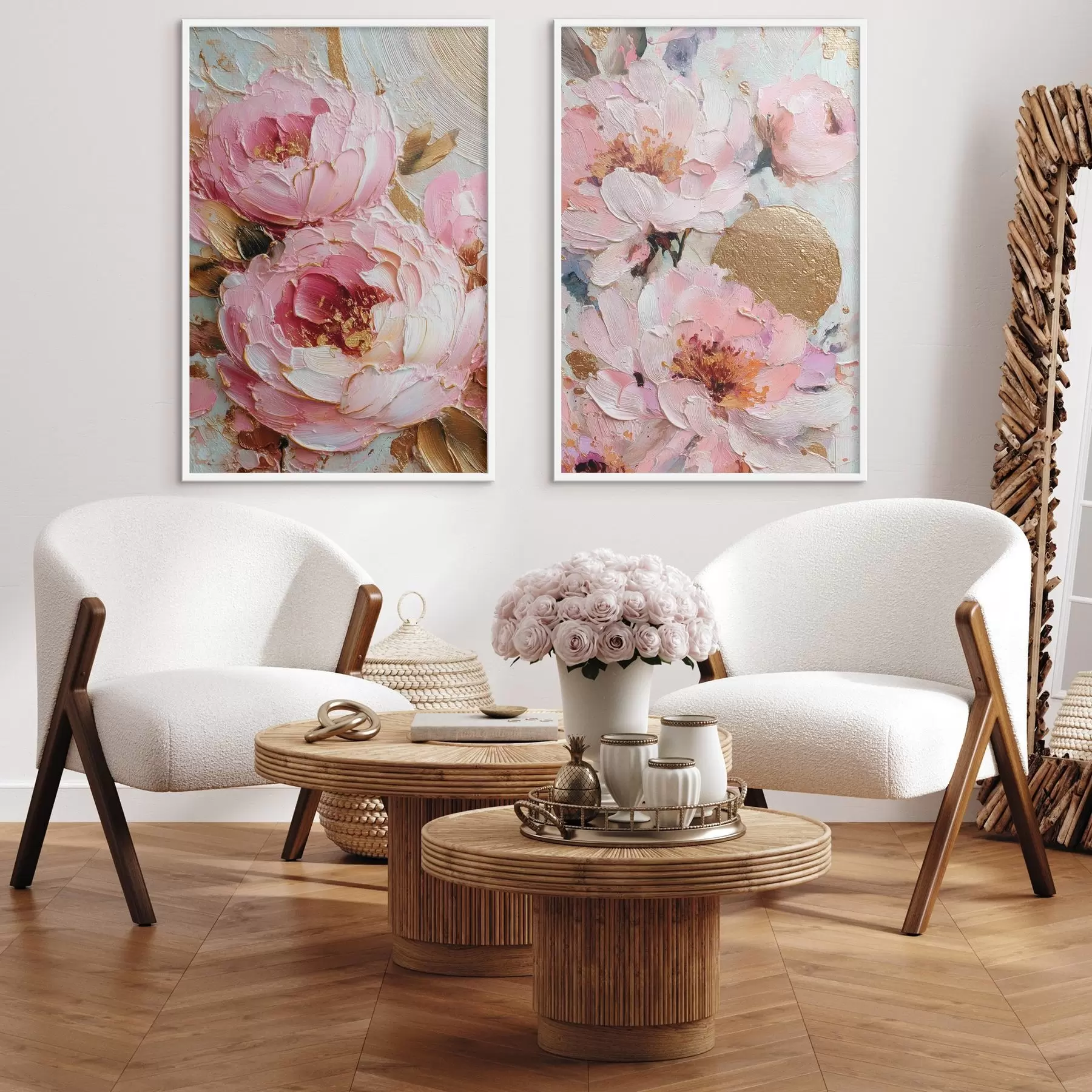 Papier peint Peinture volumétrique à l'empâtement avec des pivoines roses et des détails texturés d00573