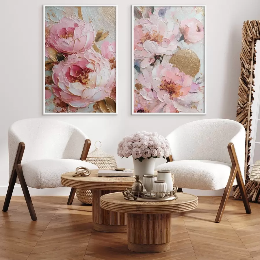 Papier peint Peinture volumétrique à l'empâtement avec des pivoines roses et des détails texturés d00573