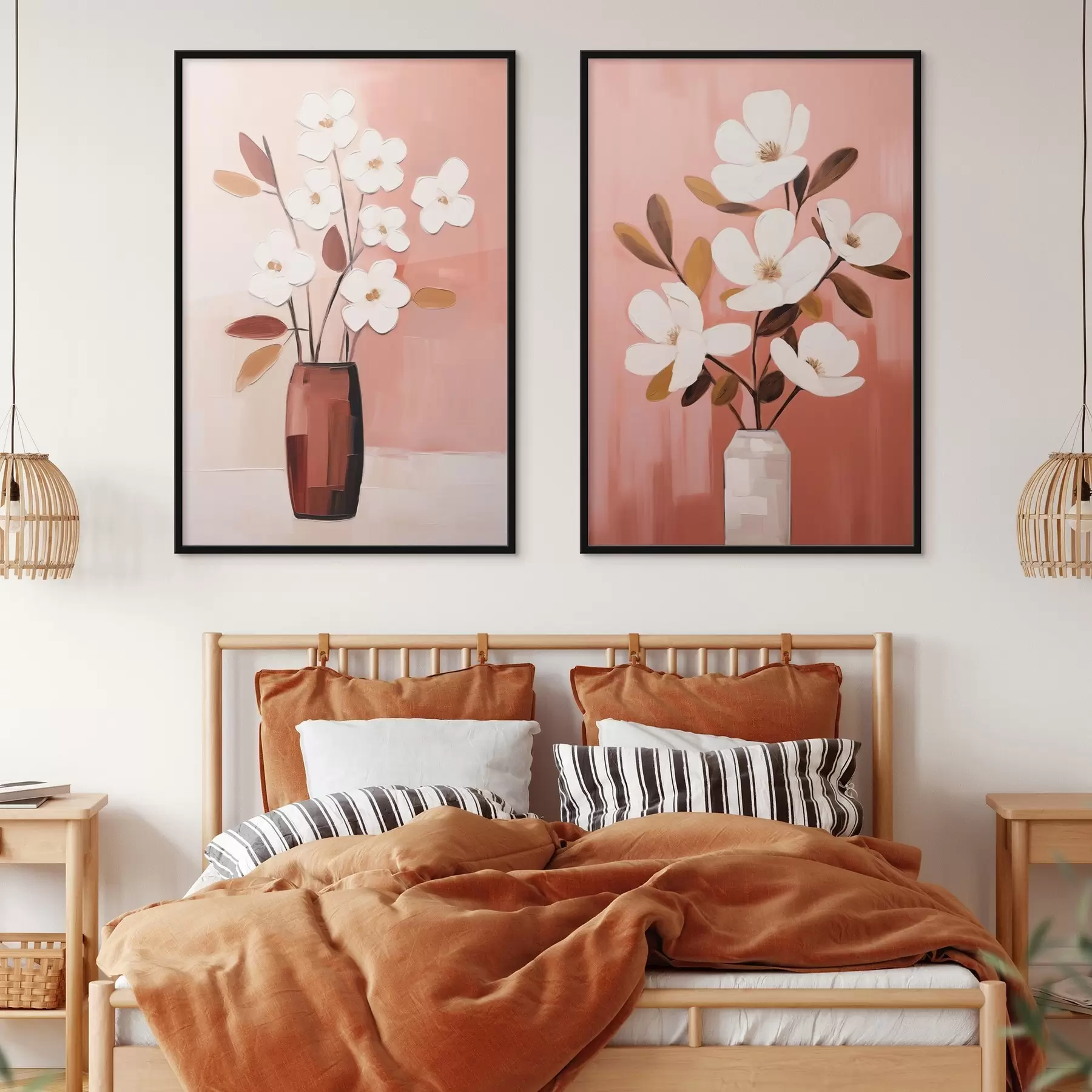 Papier peint Composition avec vases contrastés et fleurs blanches texturées d00575