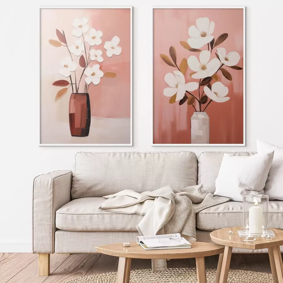 Papier peint Composition avec vases contrastés et fleurs blanches texturées d00575