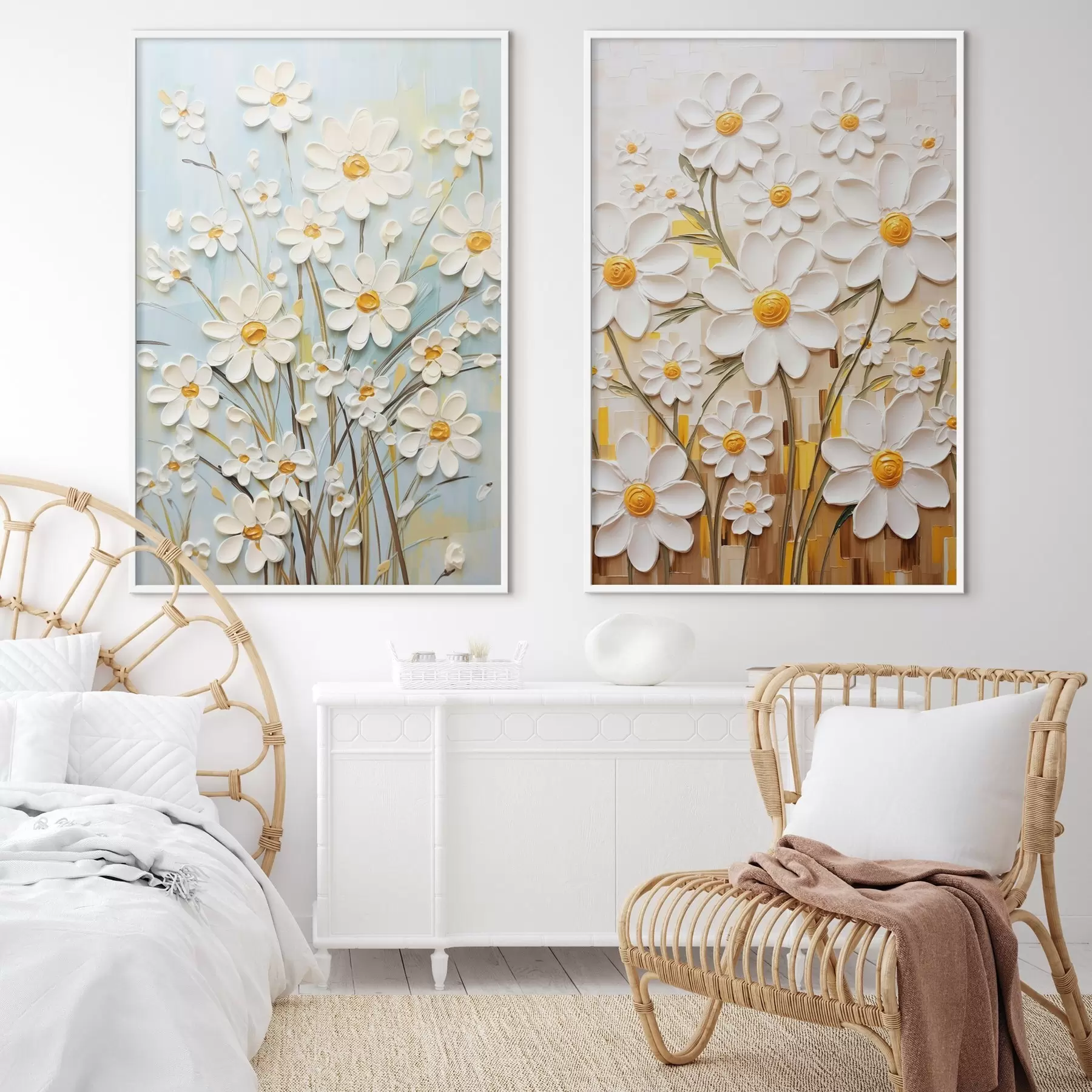 Papier peint Fleurs ensoleillées : duo artistique avec des marguerites volumétriques et des accents jaunes d00580