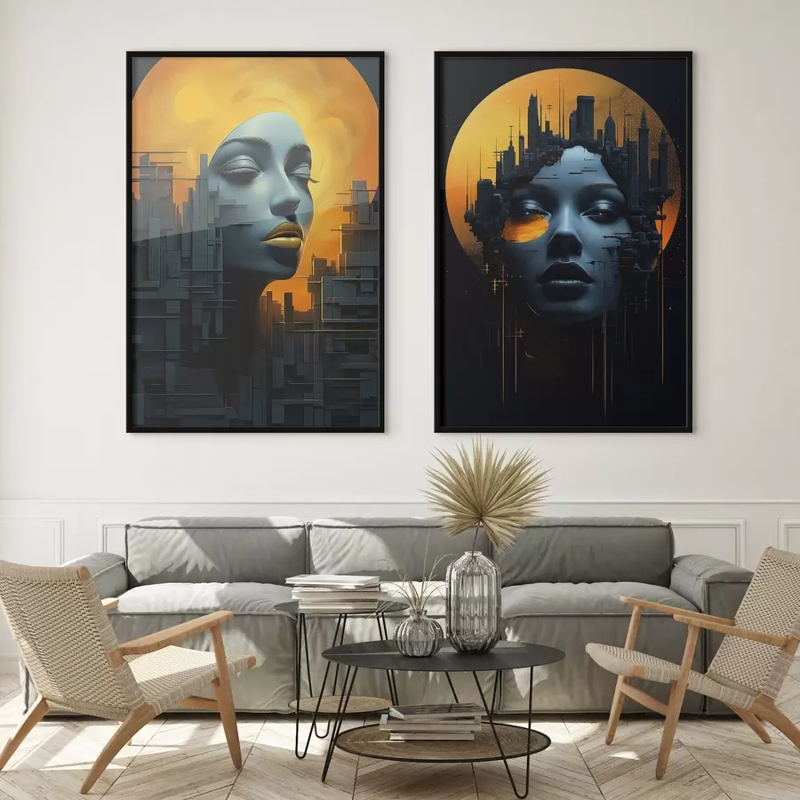 Papier peint Portrait d'une jeune fille sur fond de ville abstraite d00618