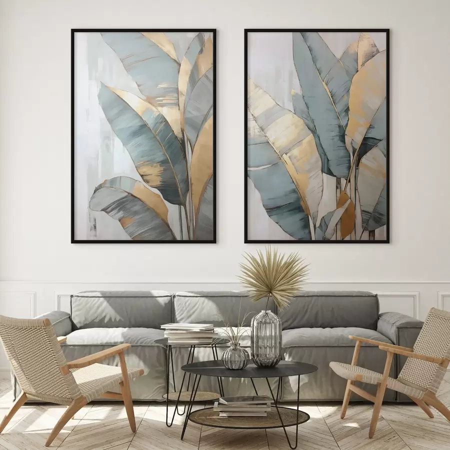 Papier peint Un ensemble de feuilles de bananier bleues, grises et jaunes avec des coups de pinceau visibles, sur un fond blanc abstrait d00645