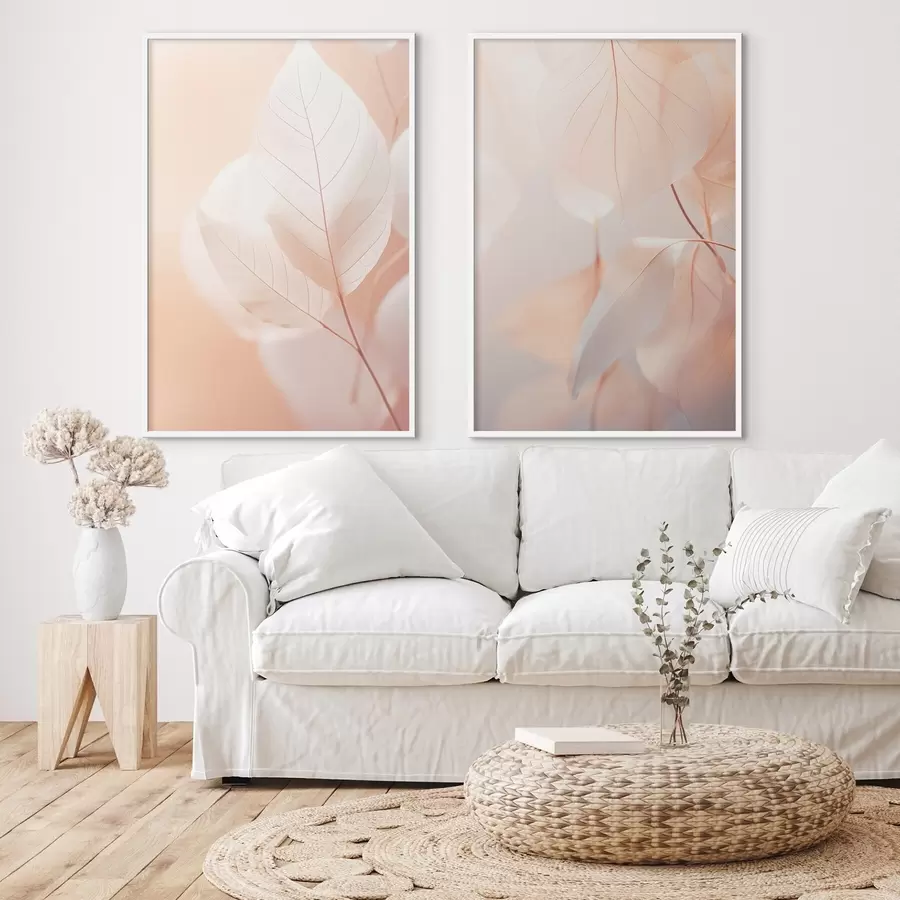 Papier peint Gros plan sur des feuilles translucides aux nervures délicates, palette de couleurs pêche et blanc, arrière-plan flou d00647