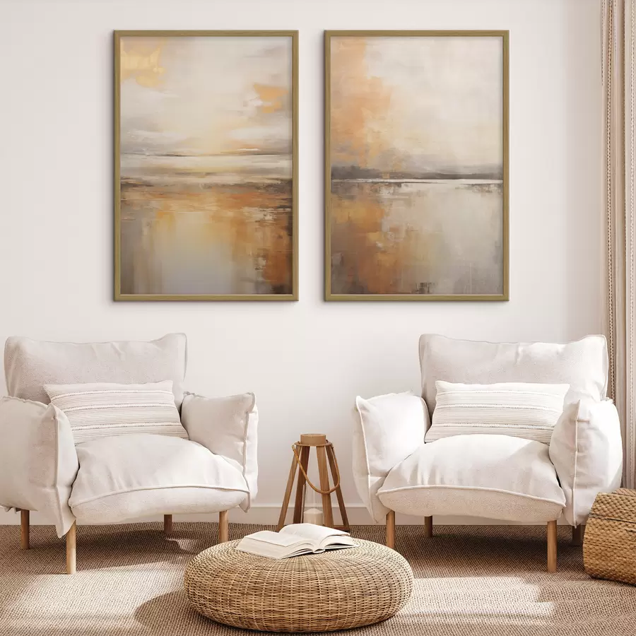 Papier peint Peinture abstraite d'un paysage de plage avec un océan calme, du sable orange et un ciel nuageux avec du soleil d00653
