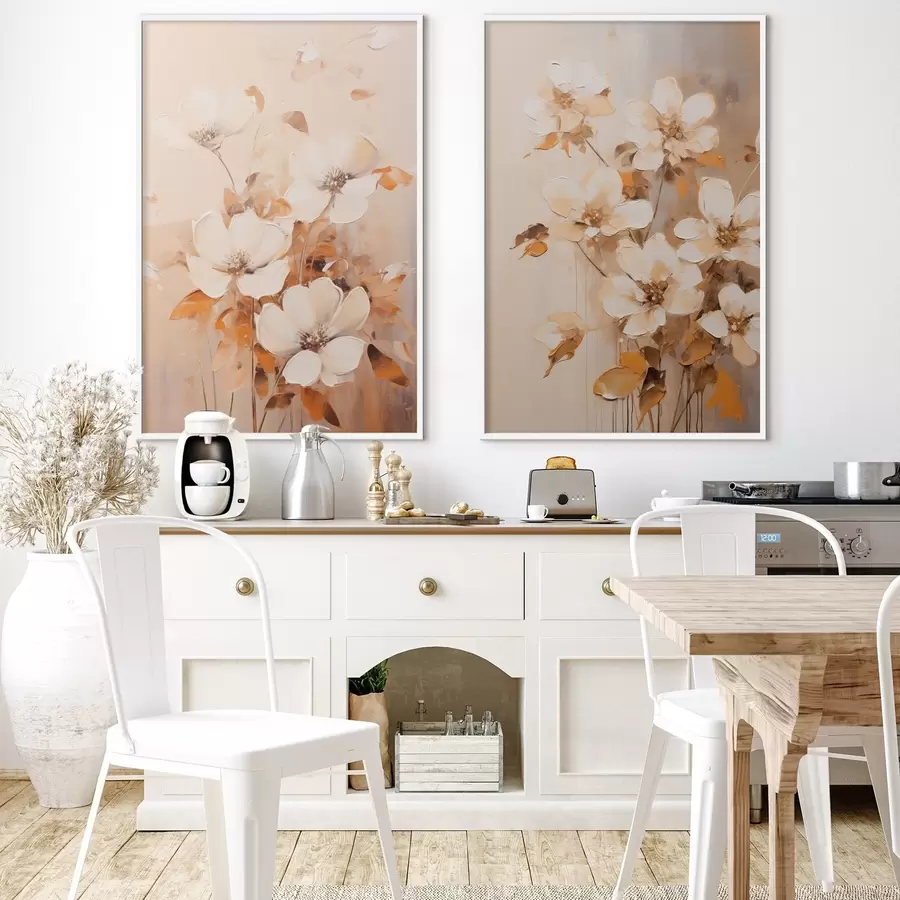 Papier peint Fleurs blanches avec feuilles orange, coups de pinceau délicats, palette de couleurs chaudes, composition élégante d00656