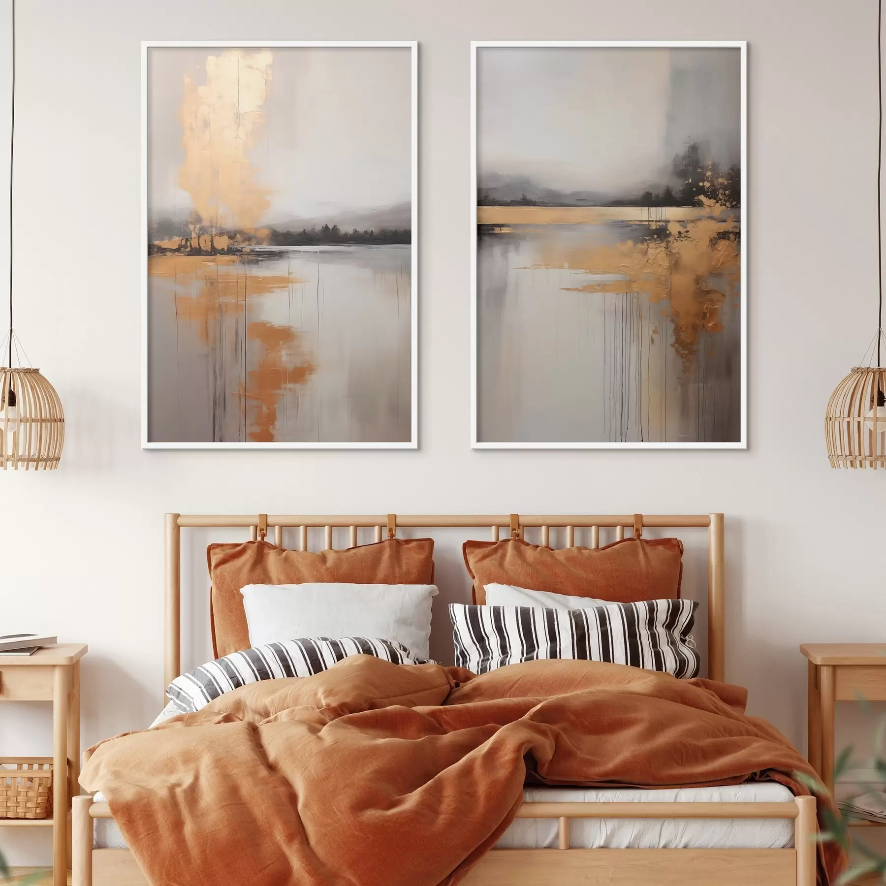 Papier peint Un paysage abstrait avec un lac, un arbre et un brouillard jaune, l'eau se reflète et le ciel est nuageux d00657