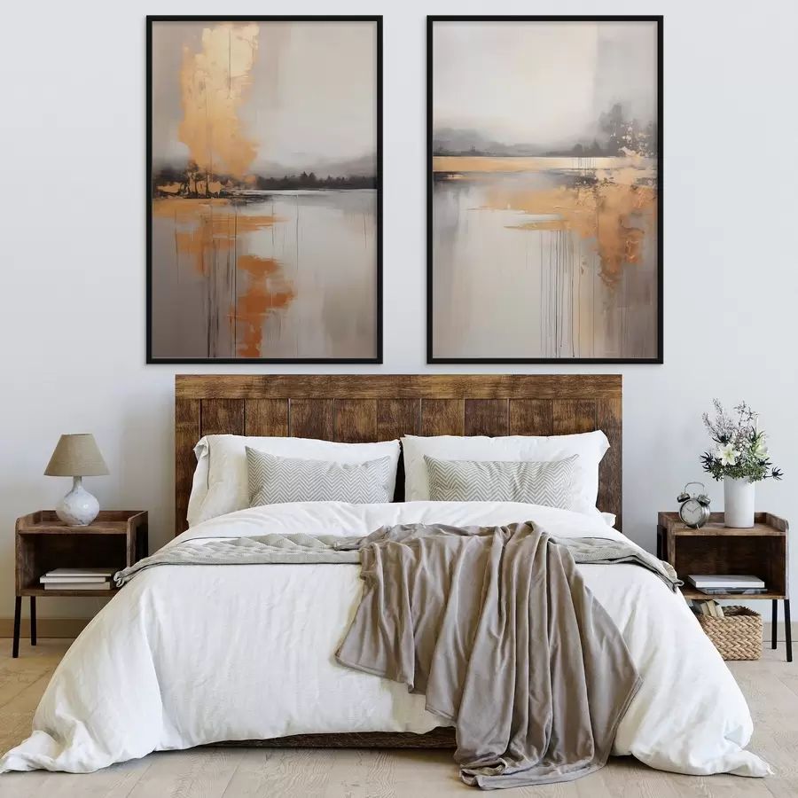 Papier peint Un paysage abstrait avec un lac, un arbre et un brouillard jaune, l'eau se reflète et le ciel est nuageux d00657