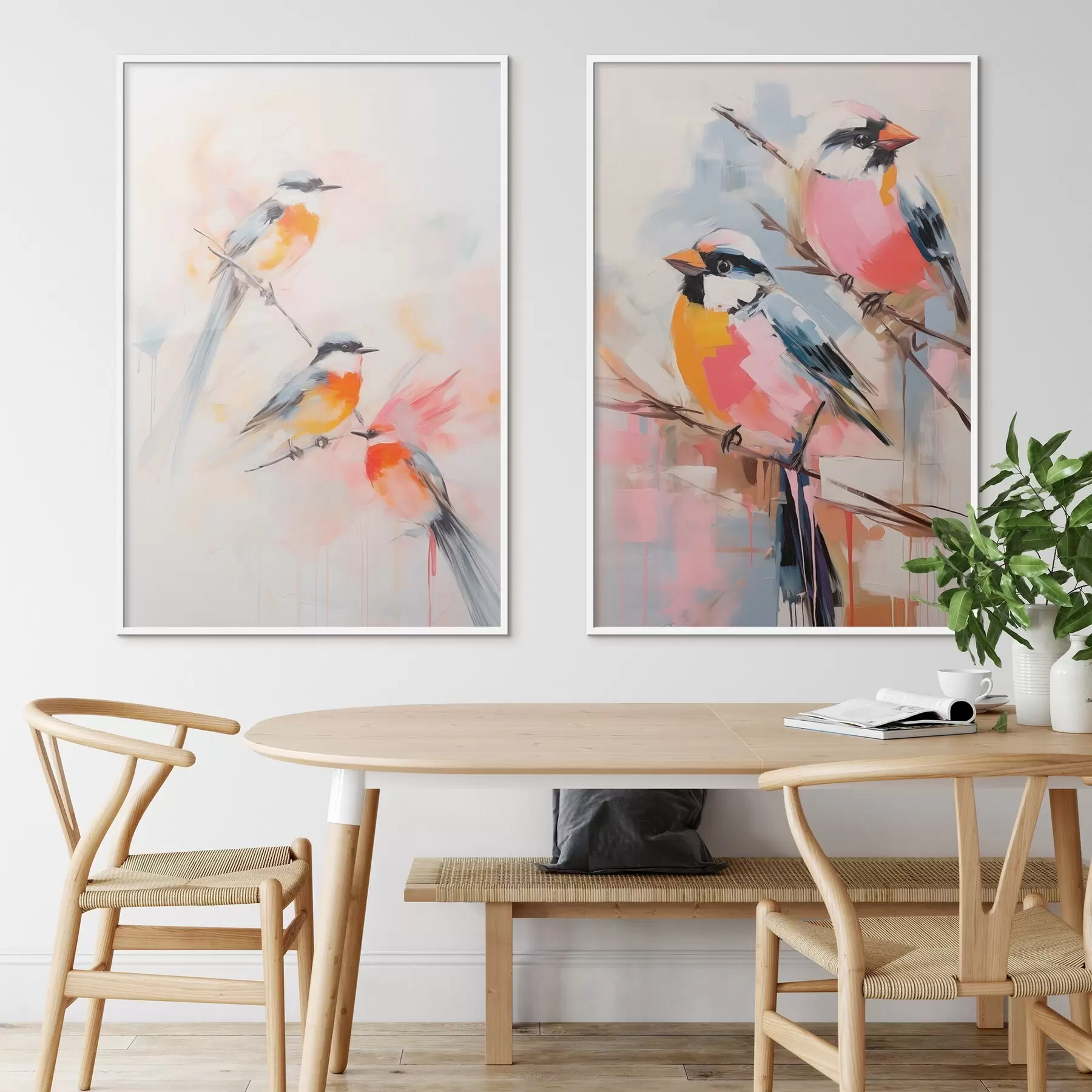 Papier peint Oiseaux perchés sur des branches, couleurs douces et pastel, fond clair avec des teintes roses et blanches d00658