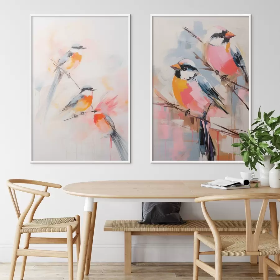 Papier peint Oiseaux perchés sur des branches, couleurs douces et pastel, fond clair avec des teintes roses et blanches d00658