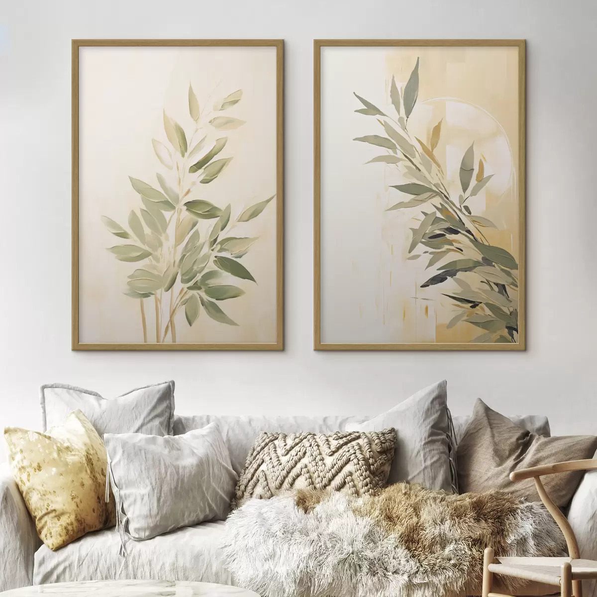 Poster Branche botanique avec des feuilles vertes sur un fond chaud d00686