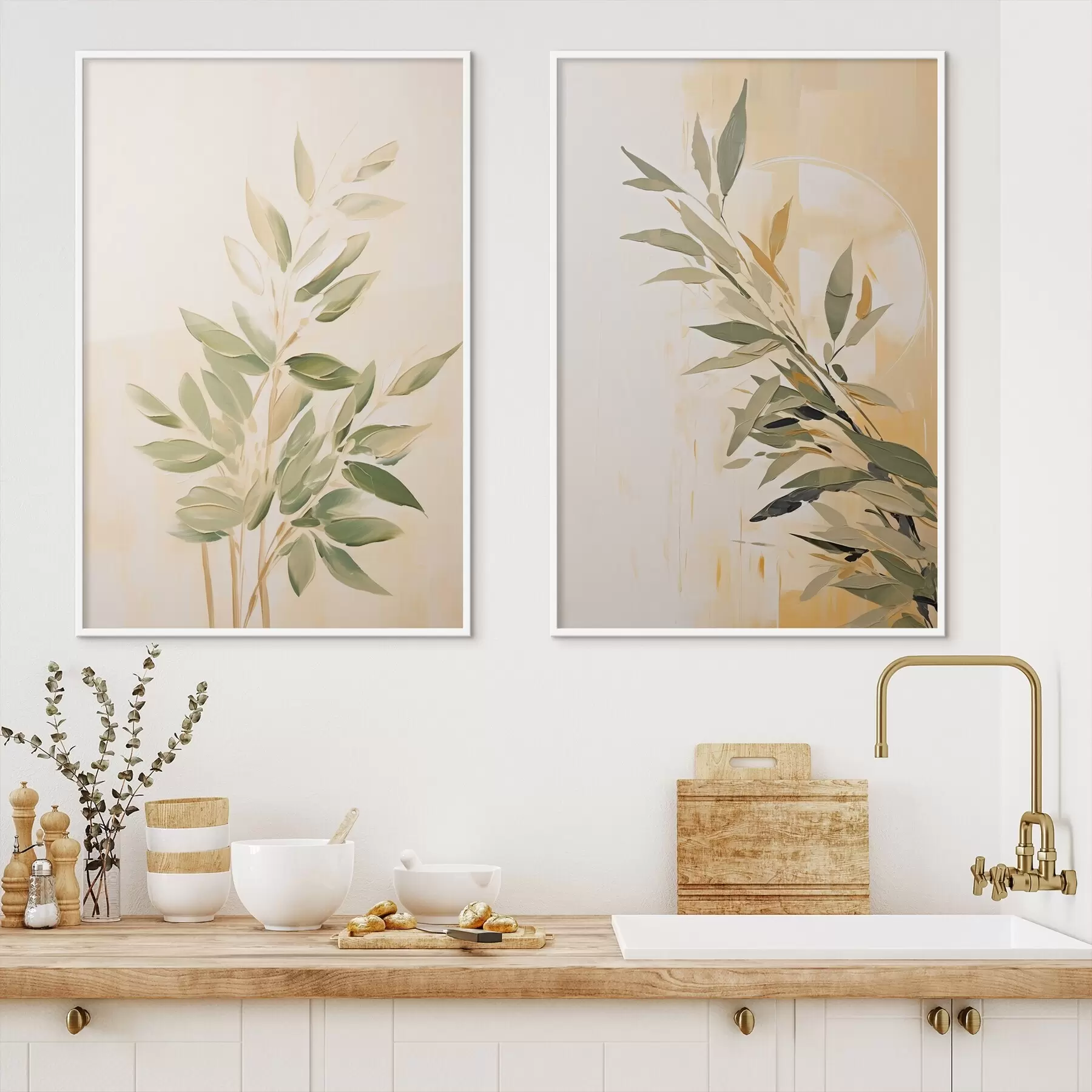 Papier peint Branche botanique avec des feuilles vertes sur un fond chaud d00686