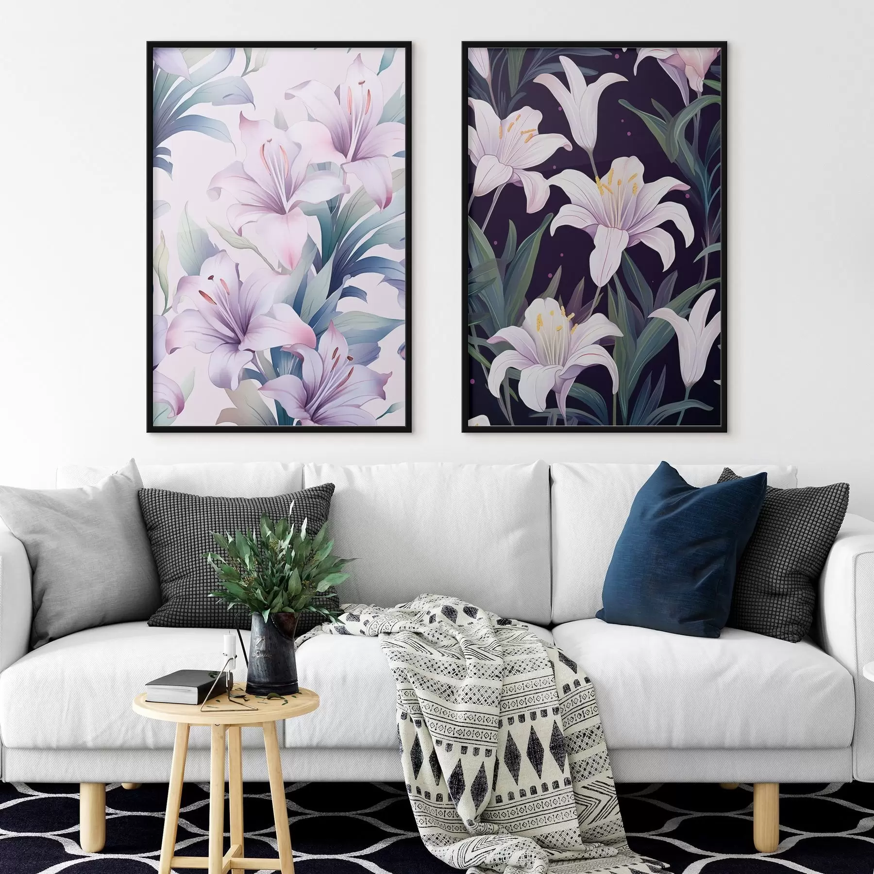 Papier peint Lys roses délicats avec feuilles vertes sur fond clair et foncé d00689