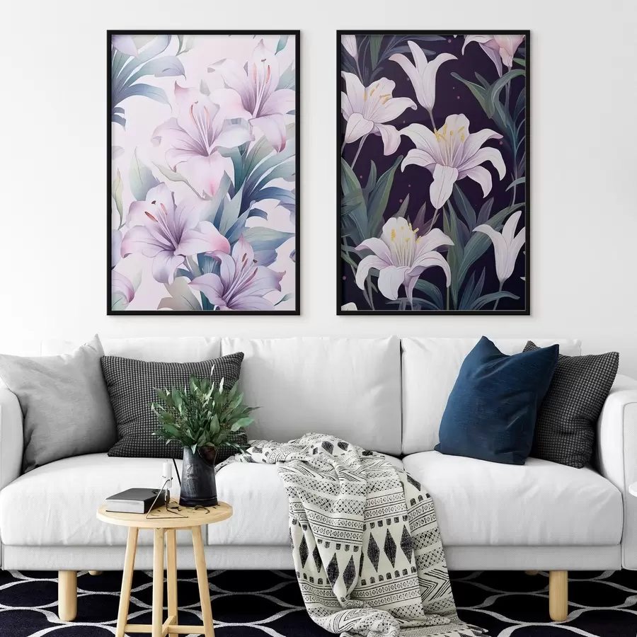 Papier peint Lys roses délicats avec feuilles vertes sur fond clair et foncé d00689