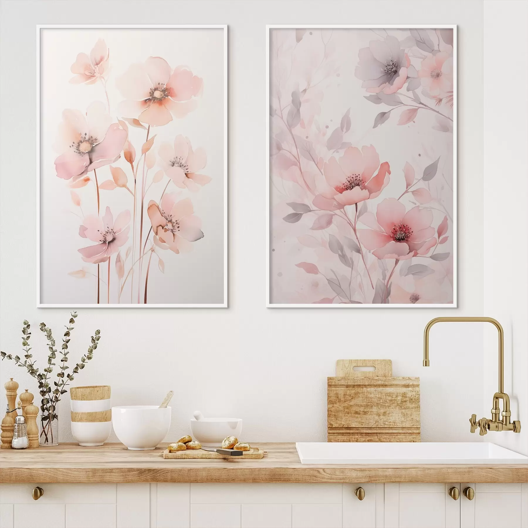 Papier peint Fleurs roses aquarelles sur tiges fines d00690