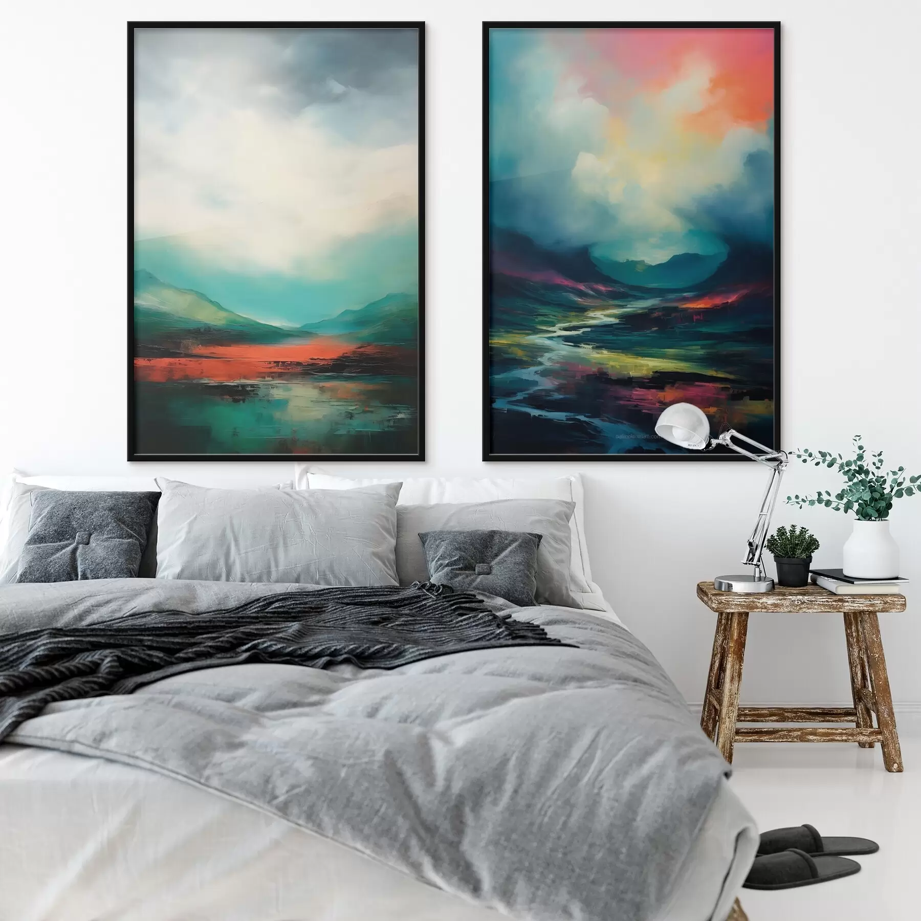 Papier peint Paysage abstrait avec nuages dans les tons turquoise et rouge d00691