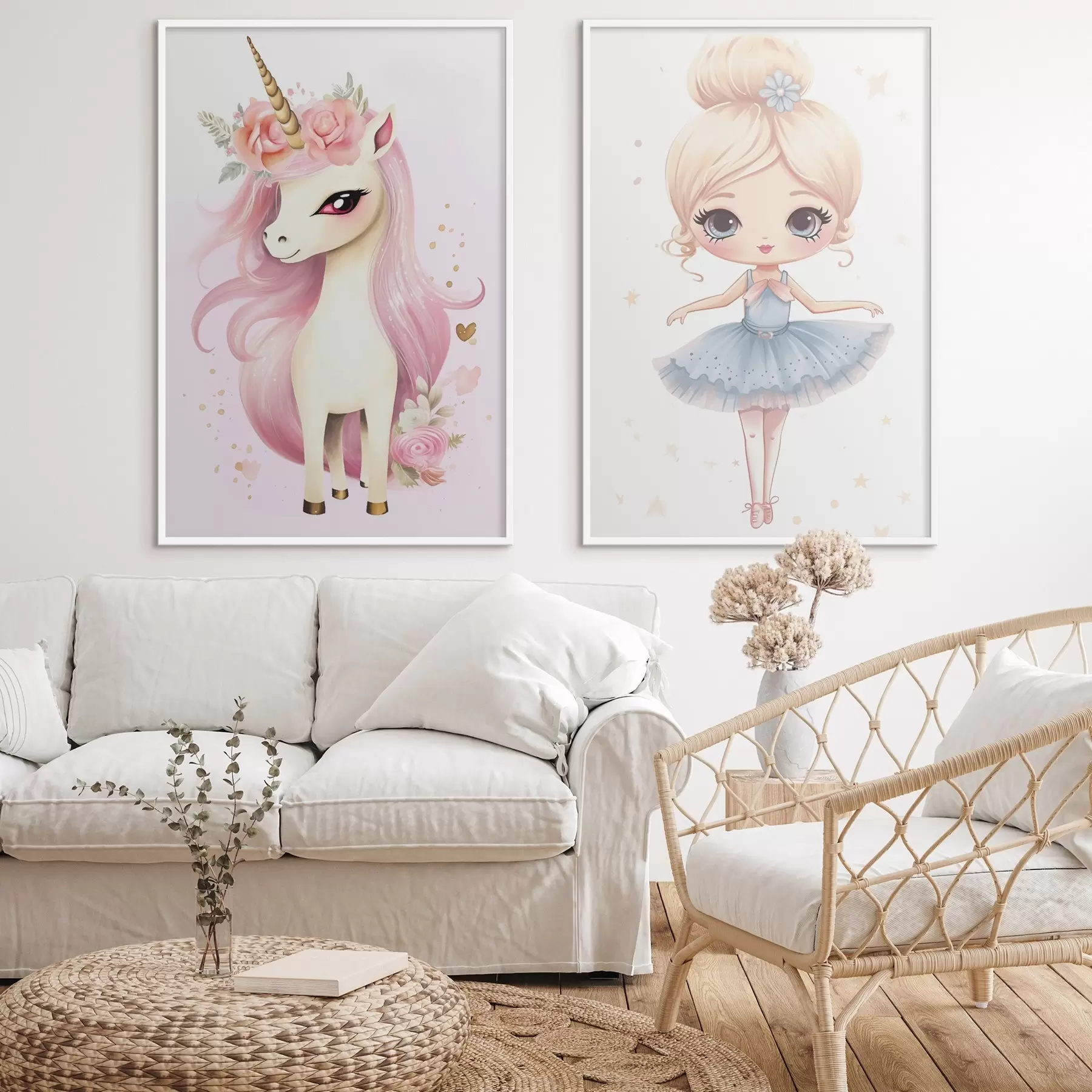 Papier peint Poupée ballerine en robe bleue et licorne à la crinière rose d00692