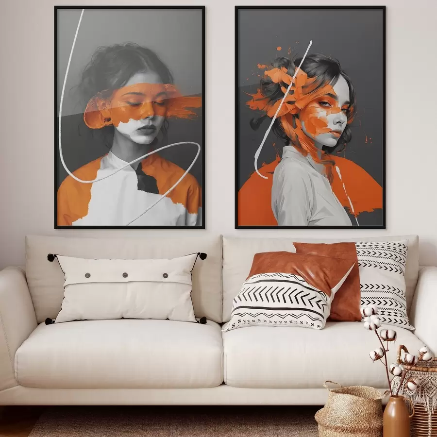 Papier peint Portraits de filles avec des coups de pinceau abstraits de couleur orange d00693