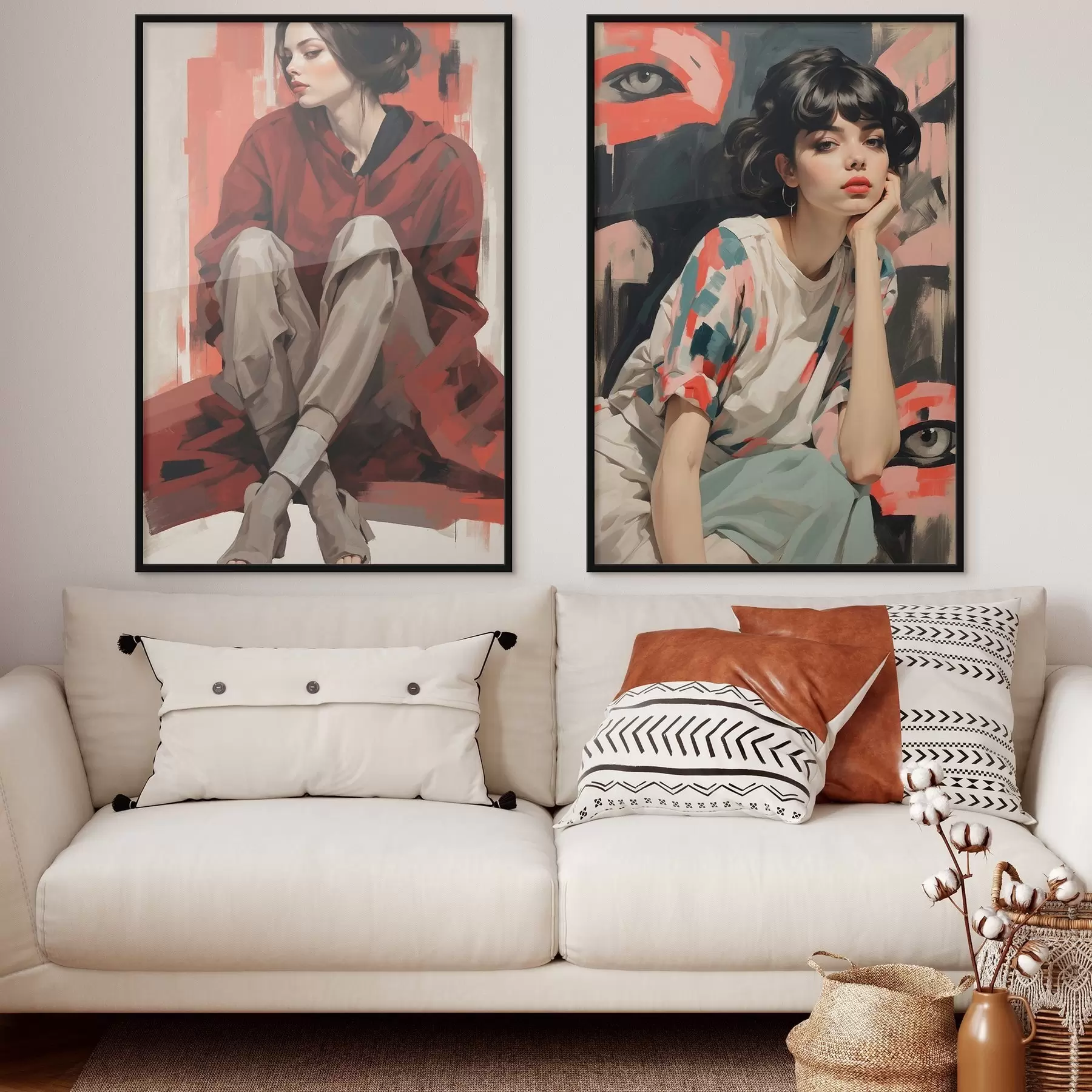 Papier peint Portraits de filles dans des styles abstraits rouge et beige d00695