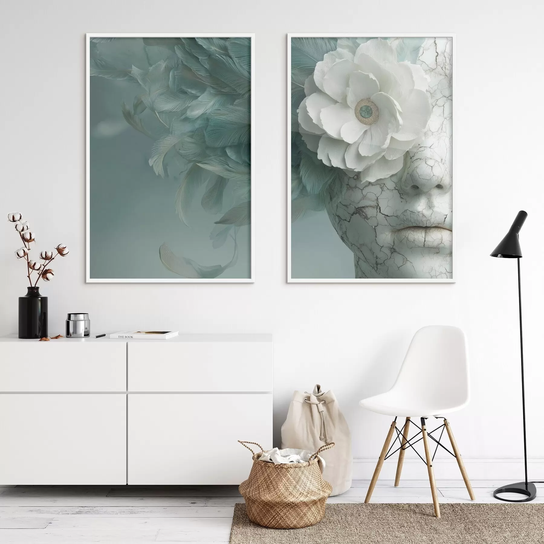 Papier peint visage en marbre d'une fille avec une fleur et des plumes d00699