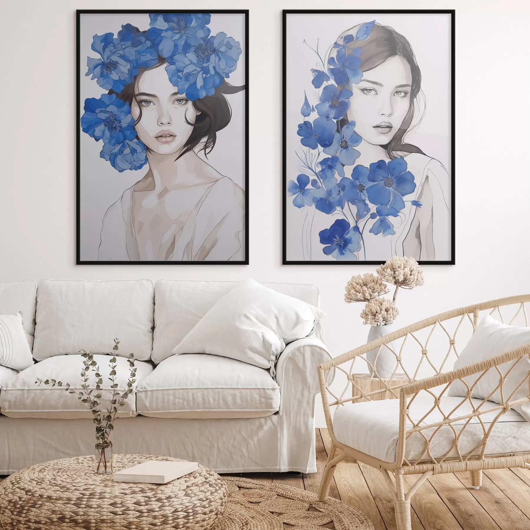 Papier peint Portrait d'une jeune fille avec des fleurs bleues d00721