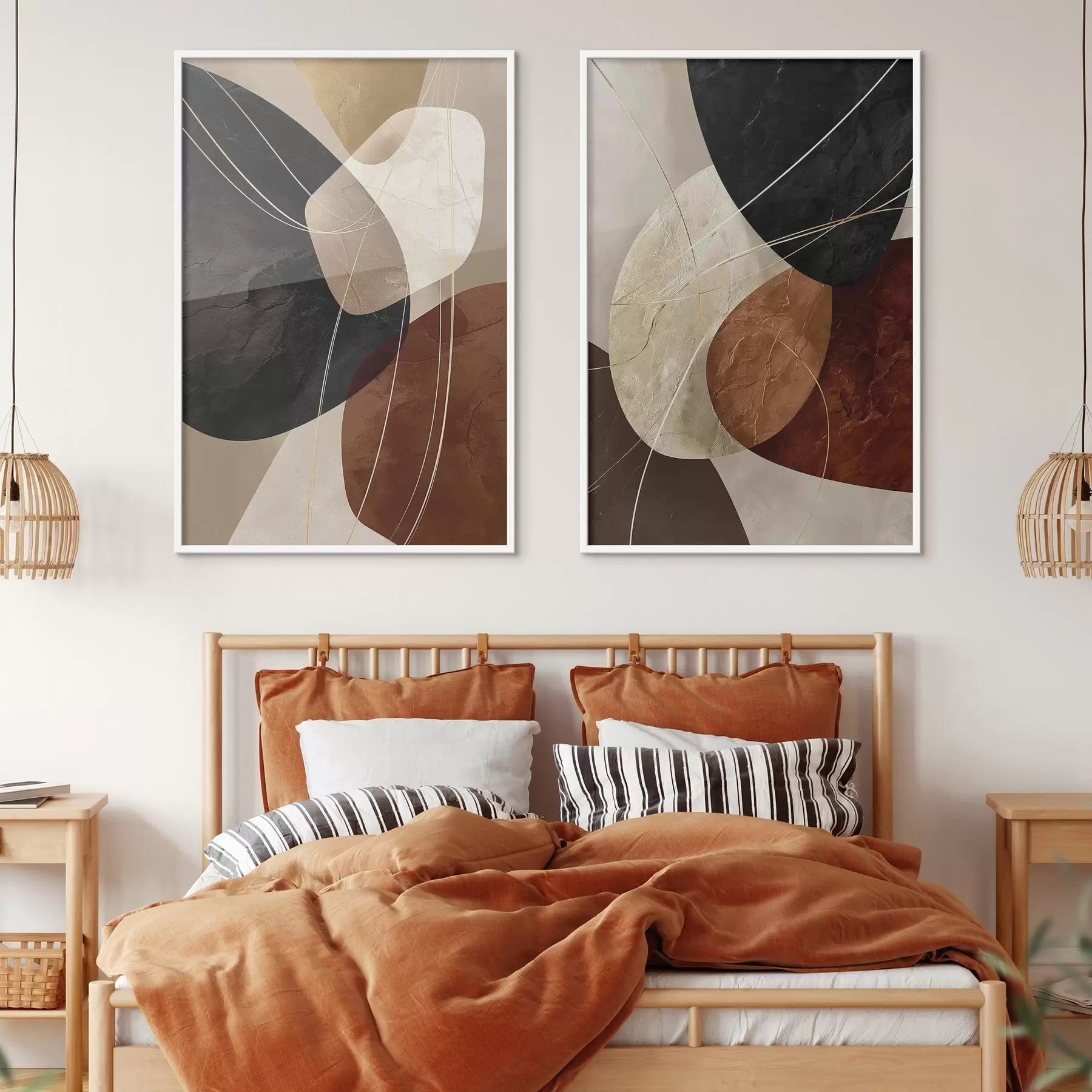 Papier peint Ovales géométriques dans une palette chaude avec des lignes jaunes d00763