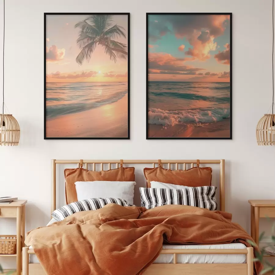 Papier peint Coucher de soleil sur la côte avec vue sur les vagues d00787