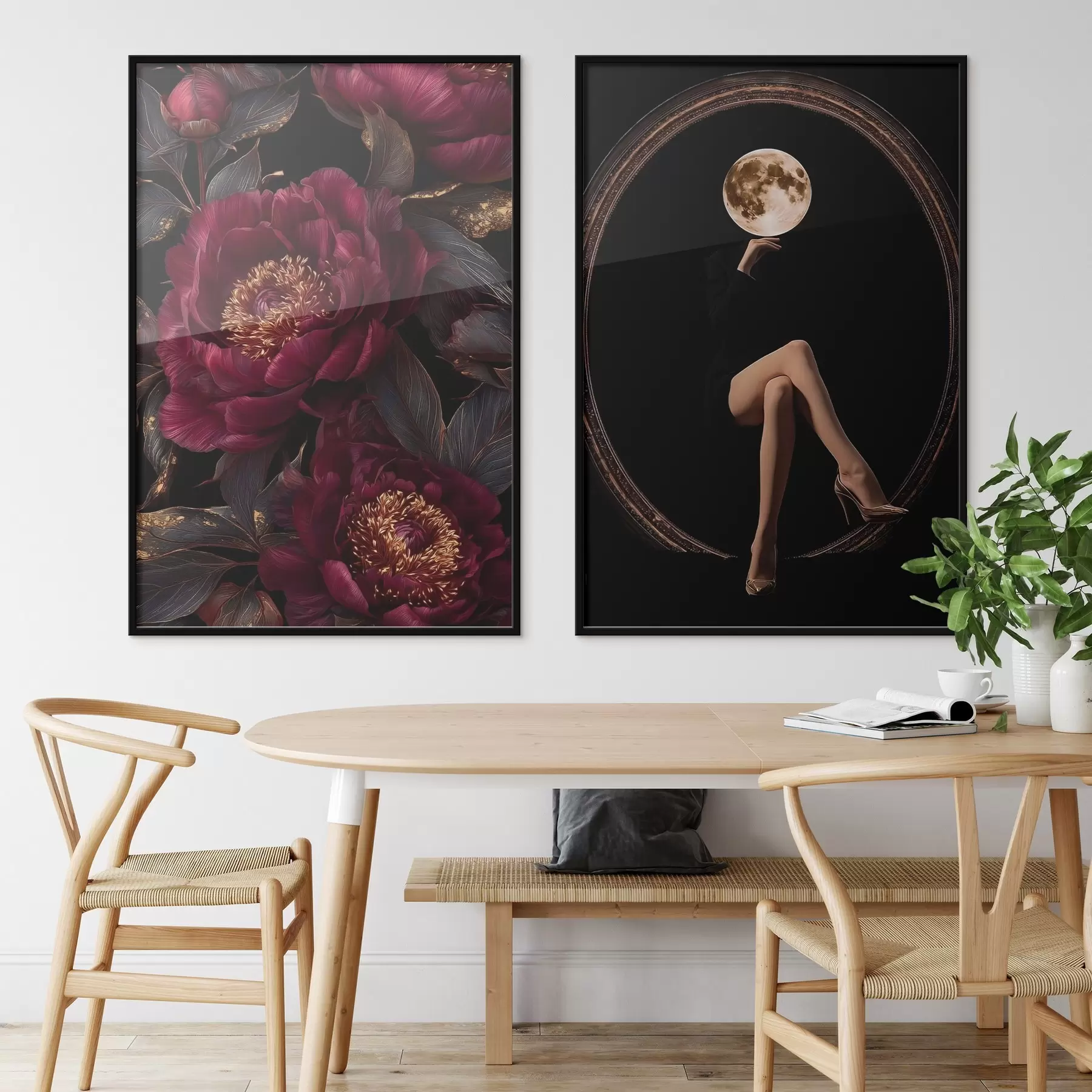 Papier peint Pivoines bordeaux et silhouette en forme de lune sur fond noir d00765