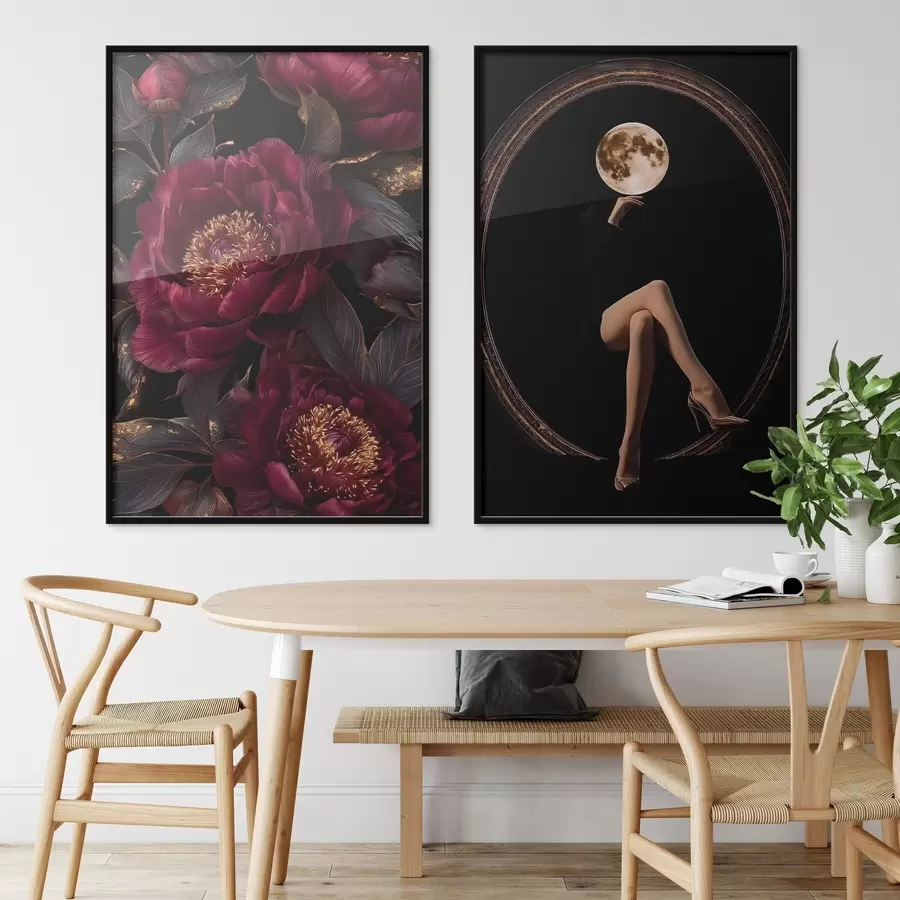 Papier peint Pivoines bordeaux et silhouette en forme de lune sur fond noir d00765