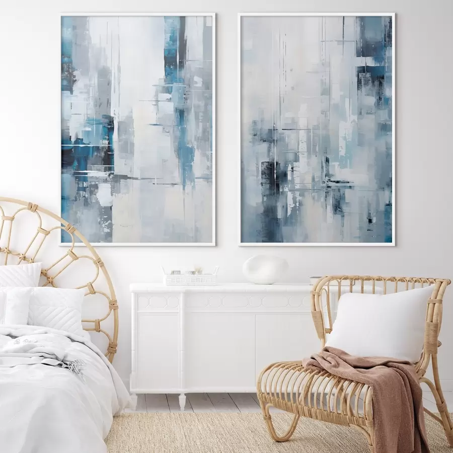 Papier peint Imitation de peinture abstraite avec des couleurs bleues, grises et blanches, des lignes verticales et des formes géométriques d00819