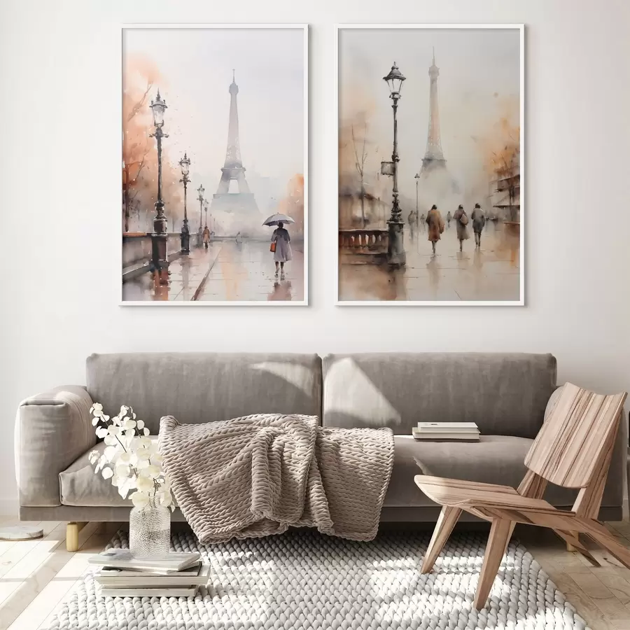 Papier peint Une journée pluvieuse d'automne à Paris avec la Tour Eiffel en arrière-plan et des lampadaires vintage d00821