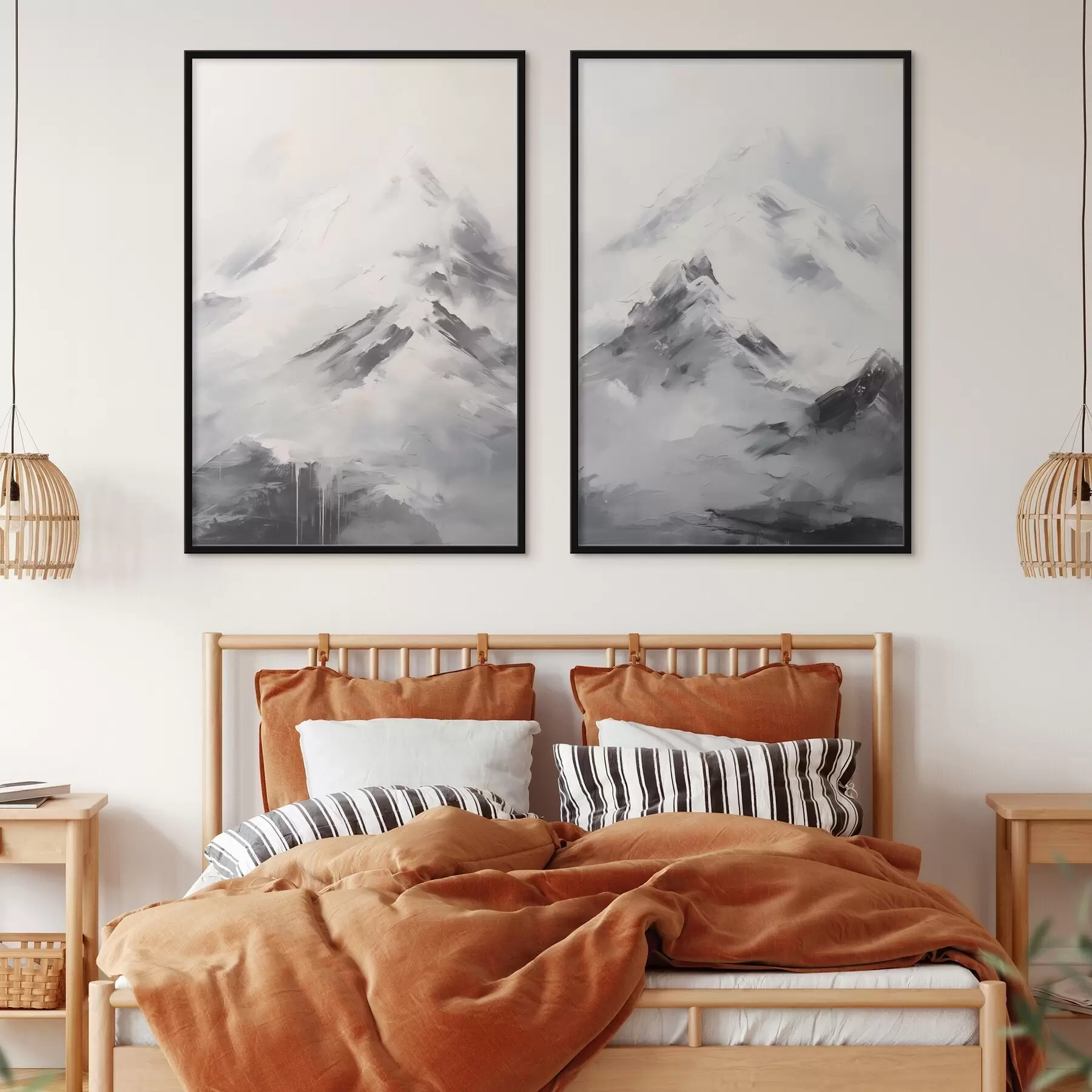 Papier peint Sommets enneigés avec des ombres grises, ciel gris, coups de pinceau, texturé, minimaliste d00822