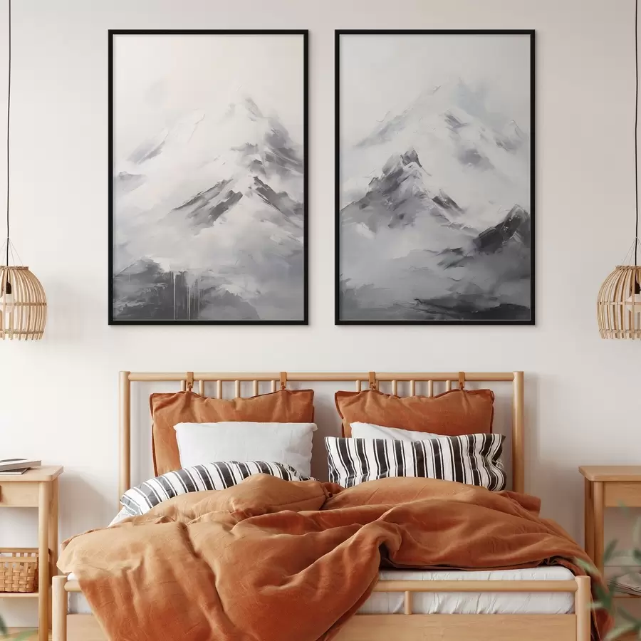 Papier peint Sommets enneigés avec des ombres grises, ciel gris, coups de pinceau, texturé, minimaliste d00822