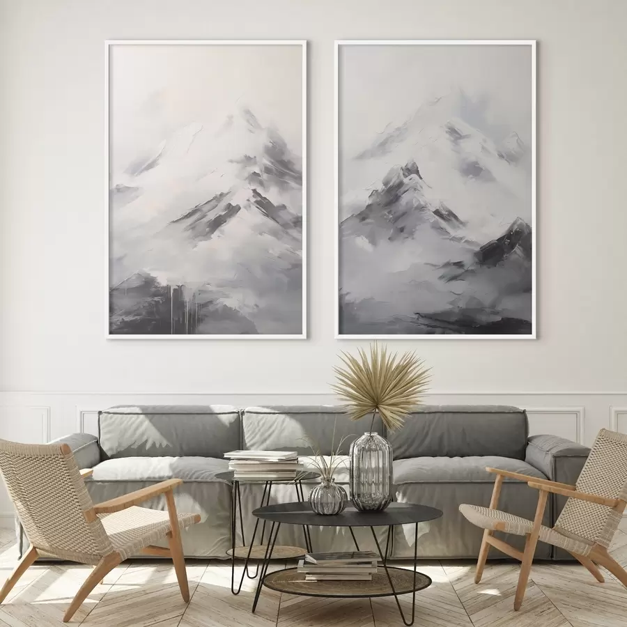 Papier peint Sommets enneigés avec des ombres grises, ciel gris, coups de pinceau, texturé, minimaliste d00822