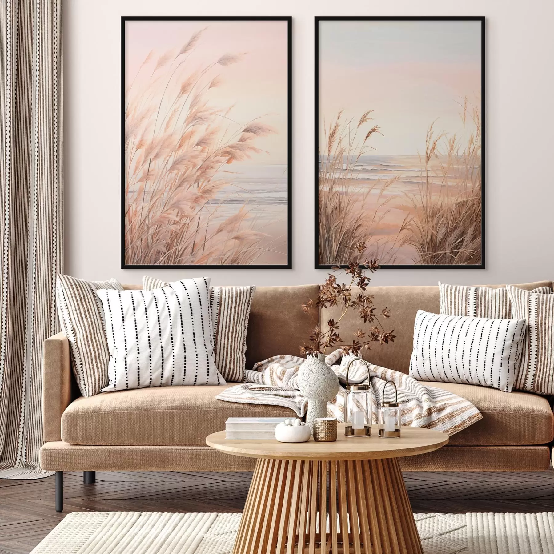 Papier peint Herbe de la pampa avec une palette de couleurs orange pastel, un ciel rose pâle, un paysage paisible d00823